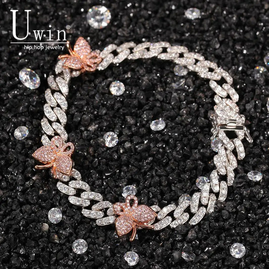 Uwin 9mm Cuban Bracelet With Butterfly 9inch Ankle Mini Butterfly Pink Cz Punk Miami Link Bling Bling Hip Hop Jewelry For Gift