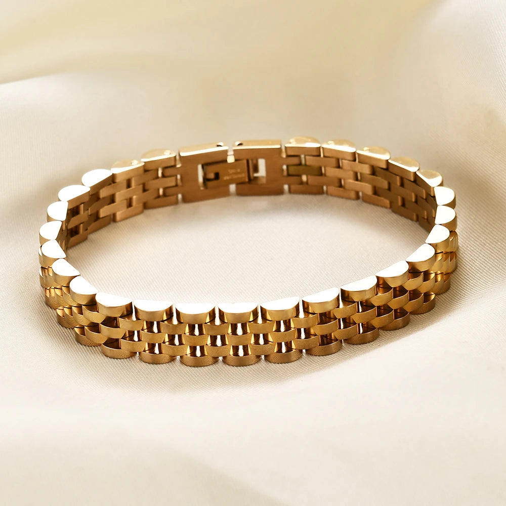 VQYSKO Trendy Minimalist Stainless Steel Gold Color Plated Watch Strap Bracelet for Women/Men Jewelry Gifts Couple Bracelet