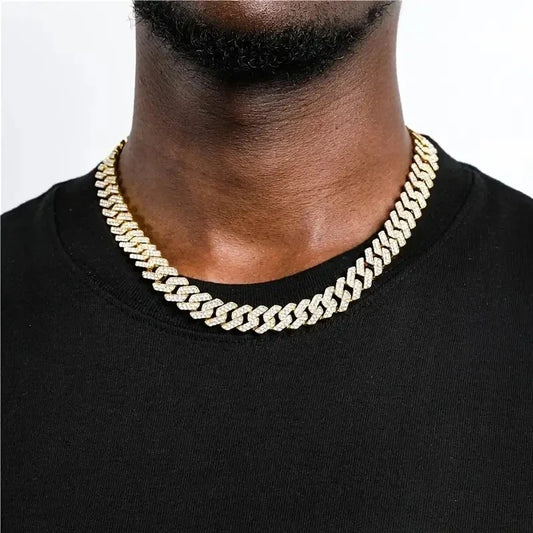 2024 Men's Fashion Strip Cuban Chain Domineering Exaggerated Sparkling Rhinestone 12mm Hip Hop Bracelet Jewelry Set