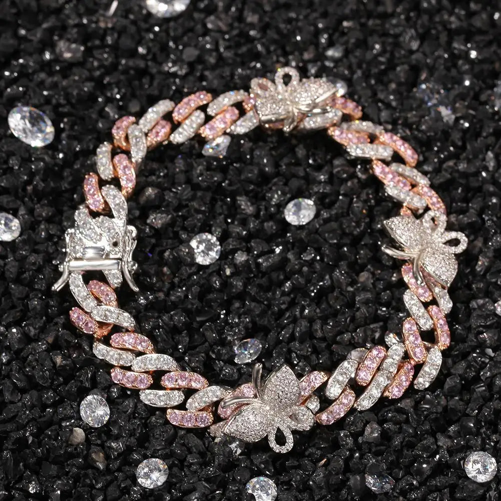 Uwin 9mm Cuban Bracelet With Butterfly 9inch Ankle Mini Butterfly Pink Cz Punk Miami Link Bling Bling Hip Hop Jewelry For Gift