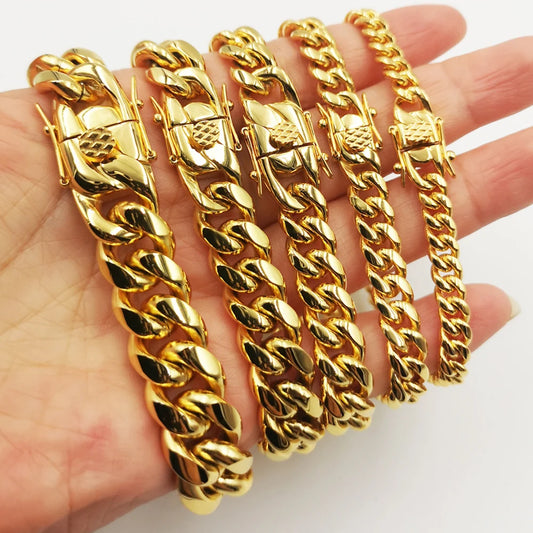 Stainless Steel Miami Curb Cuban Chain Bracelets Hip Hop 18K Stamp Gold Plated Jewelry Men Women  Lock Clasp Bangles 7 ~8.5 inch