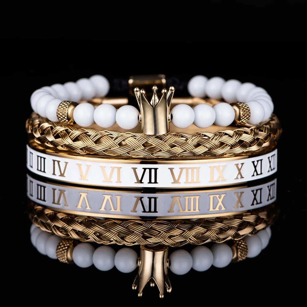 Luxury Set Crown Charm Gold Color Skull Bracelet Stainless Steel  Men White Enamel Roman Number Bangles Europe Fashion Jewelry