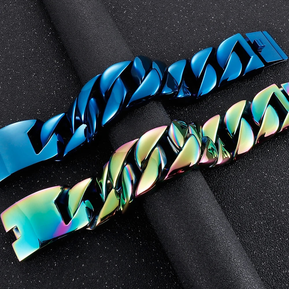 Men's Heavy Big Chunk 32MM Width Curb Cuban Link Chain Bracelet Blue Rainbow 316L Stainless Steel Jewelry Birthday Gifts