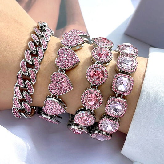 Iced Out Pink Rhinestone Paved Heart Cuban Chain Bracelet for Women Bling Chunky Tennis Chain Bracelets Fashion Hiphop Jewelry