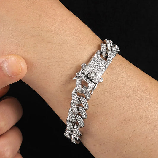 13mm Hip Hop Shiny Cuban Link Chain Bracelets Women Men Gold Color Rhinestone Iced Out Chain Bracelets Punk Wristband Jewelry
