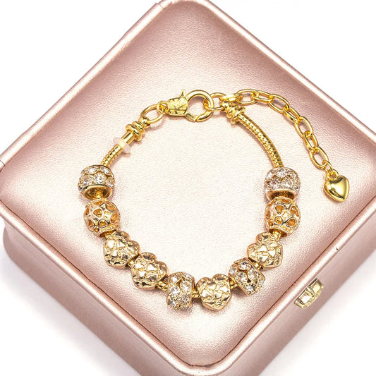 Women's DIY Alloy Large Hole Bead Bracelet with Gold Plated Zircon Beads, European Bead Bracelet Jewelry