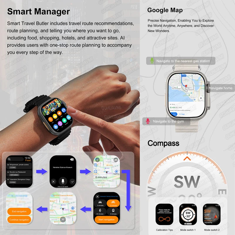 Men Watches Ultra Series 32GB Memory Smart Watch 2.04" AMOLED HD Screen GPS Map APP Store NFC Bluetooth Call Smartwatch For IOS
