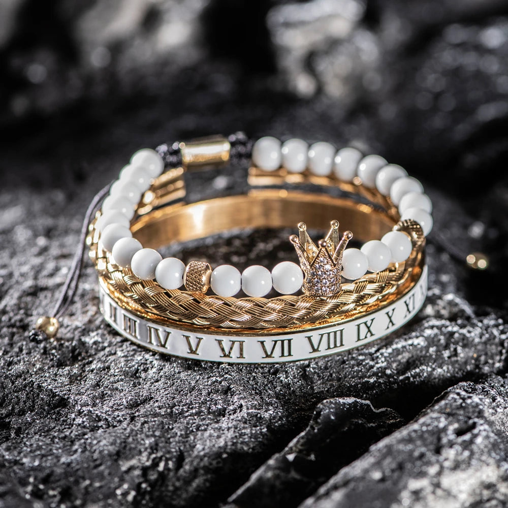 Luxury Set Crown Charm Gold Color Skull Bracelet Stainless Steel  Men White Enamel Roman Number Bangles Europe Fashion Jewelry