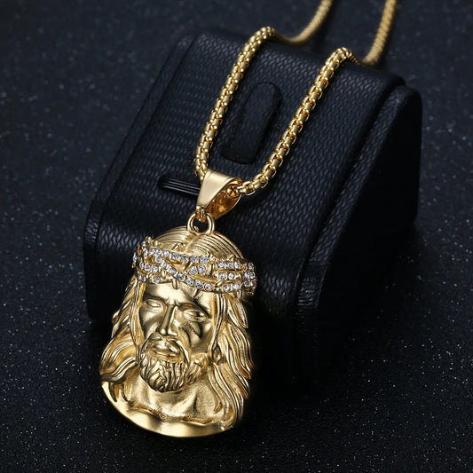 Fashion Hip Hop Stainless Steel PVD Gold Colour Jewelry Crystal Charms Jesus Religion Pendants Necklace Men