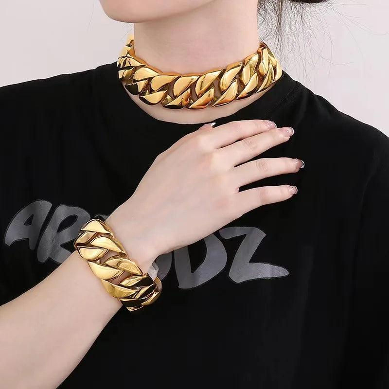 31MM Heavy Punk Matte Brushed Curb Cuban Chain Necklace Bracelet Men Women Gold Color Stainless Steel Bike Biker Choker Jewelry