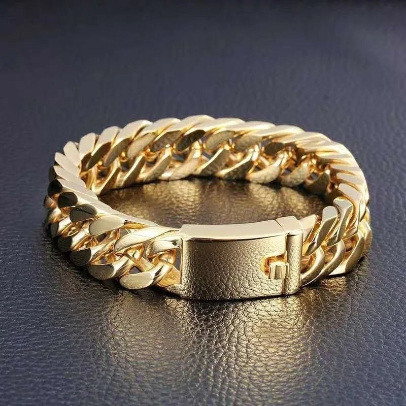 personality Luxury Gold Colour Stainless Steel Cuban Bracelet Retro Men Hip Hop Silver Colour Jewelry Male Hip Hop Jewelry