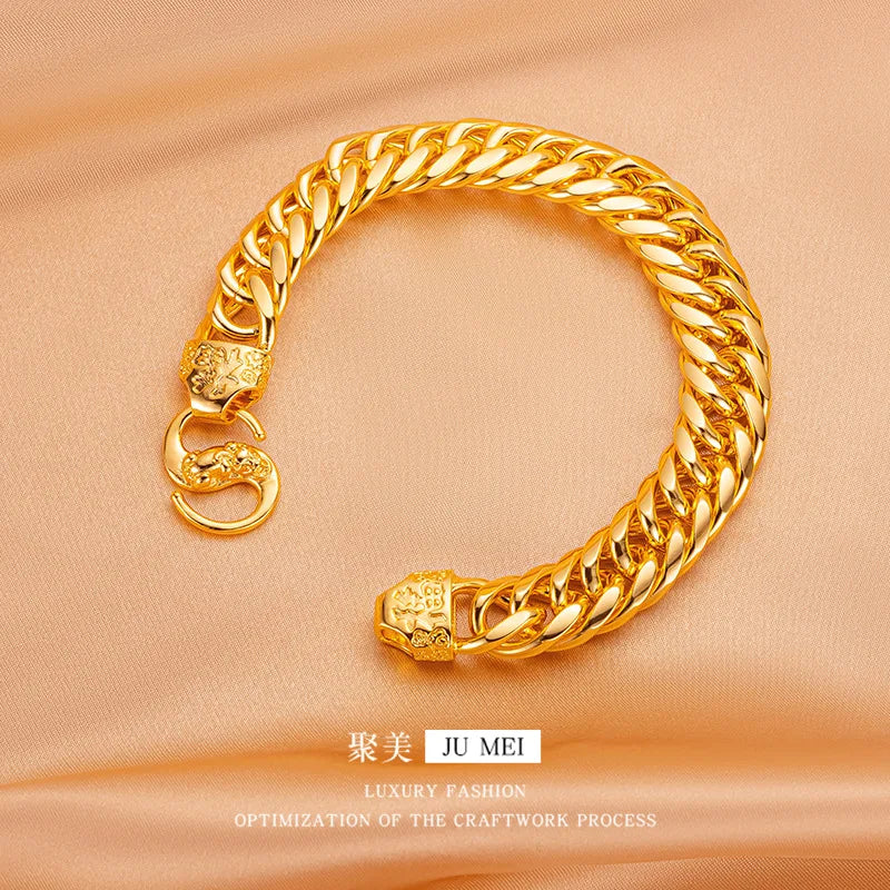 24K Gold AU999 15mm12mm Wide Pixiu Men's Bracelet - Whip Chain Dominant Style, Business Casual High-End Full Vibe