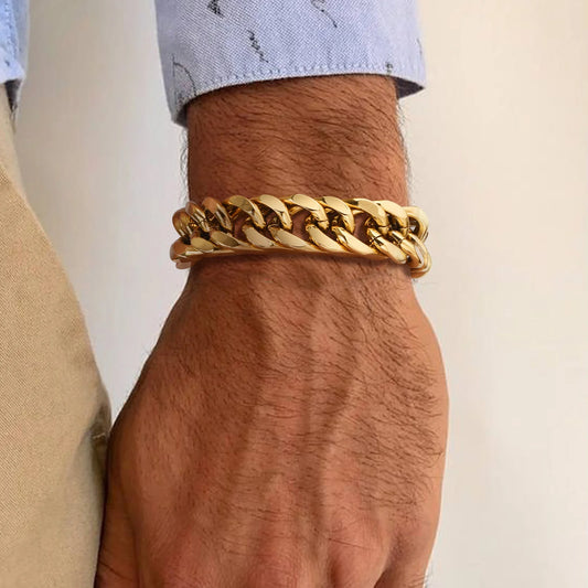 Gold Color Mens Cuban Chain Bracelet,Chunky 8/10/12/15mm Waterproof Stainless Steel Link Wristband Gift Jewelry,19cm /21.5cm