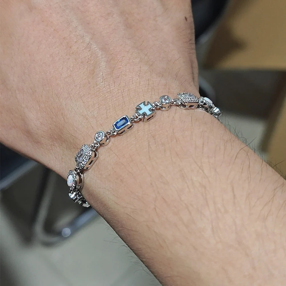UWIN Slim White Blue Gemstones Bracelets for Men Women Iced Out Cubic Zirconia Chain Thinner Bracelets Fashion Jewelry for Gift