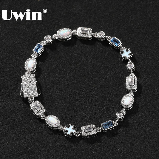 UWIN Slim White Blue Gemstones Bracelets for Men Women Iced Out Cubic Zirconia Chain Thinner Bracelets Fashion Jewelry for Gift