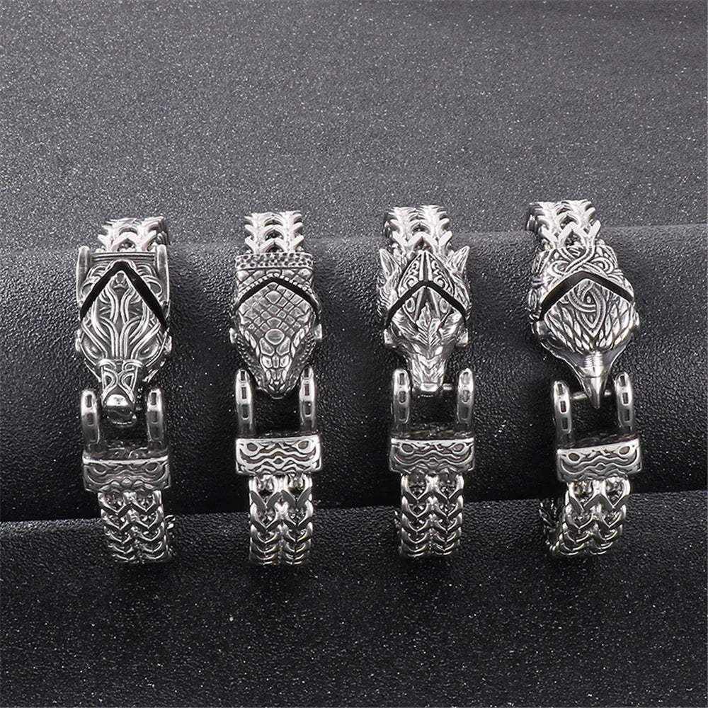 Punk Vikings Norse Wolf Bracelets Men's Retro Stainless Steel Biker Animal Bangles Nordic Mythology Creative Snake Eagle Jewelry
