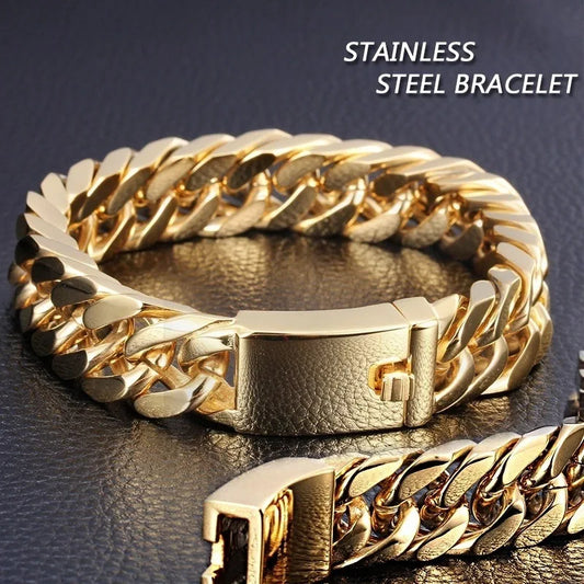 personality Luxury Gold Colour Stainless Steel Cuban Bracelet Retro Men Hip Hop Silver Colour Jewelry Male Hip Hop Jewelry