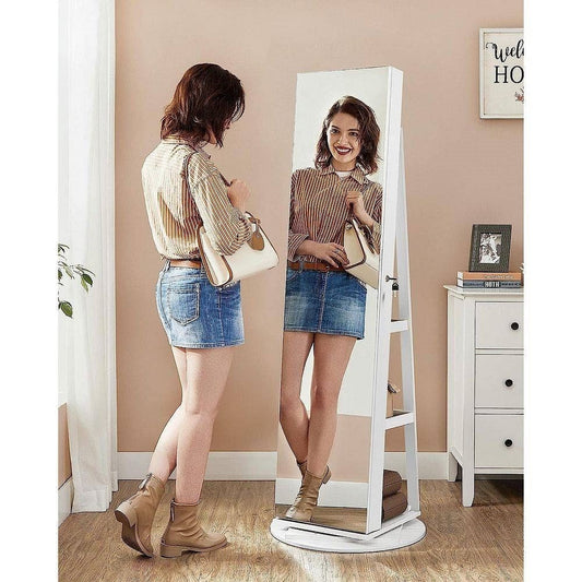 White Jewelry Cabinet Armoire Organizer Freestanding Rotating Mirror-0