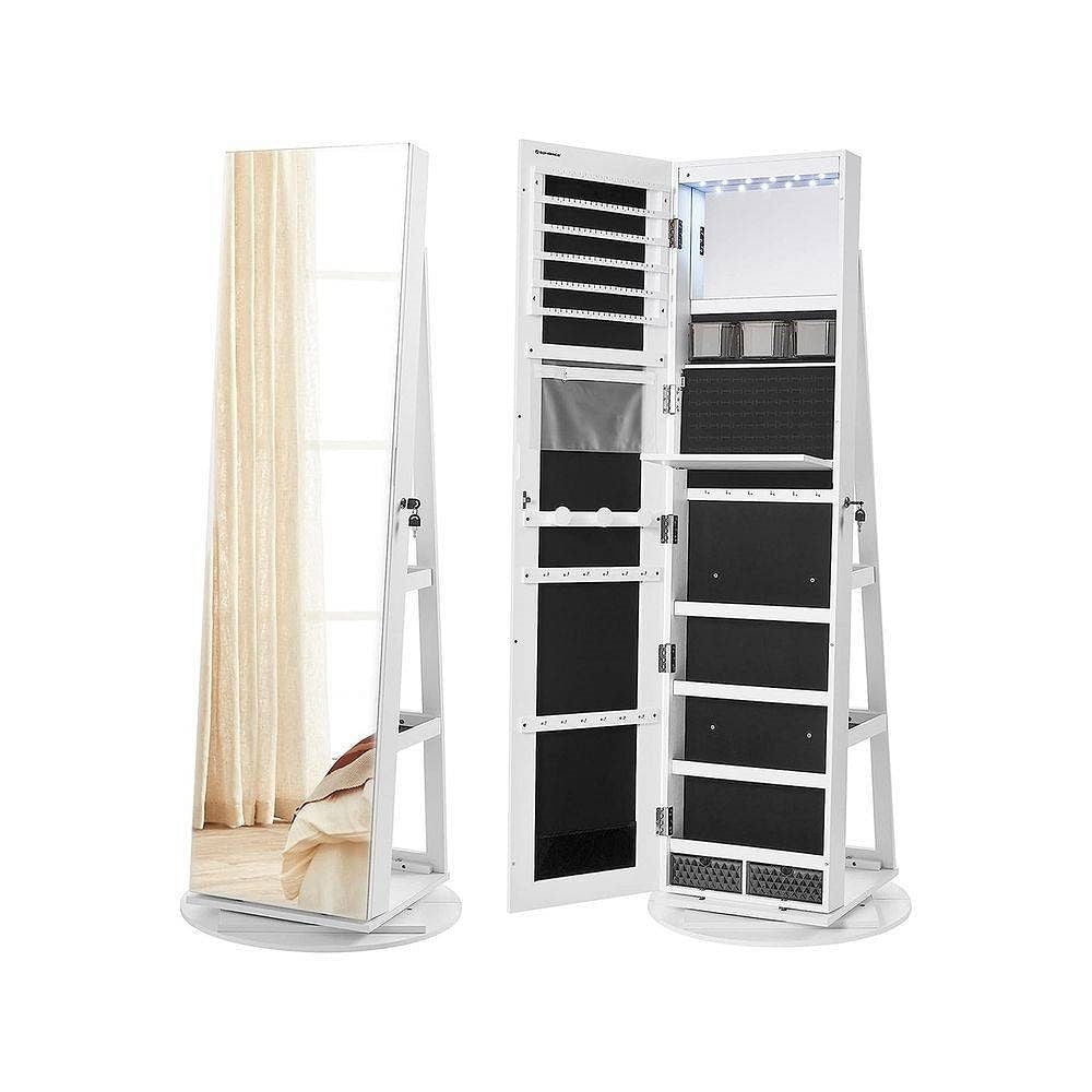 White Jewelry Cabinet Armoire Organizer Freestanding Rotating Mirror-2