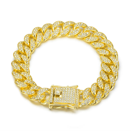 13MM  2 Row Rhinestone Paved Miami Rhombus Cuban Chain Hip Hop Men Women  Prong Cuban Link Chain Bracelet Iced Out men Jewelry