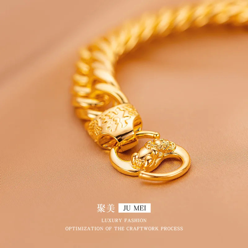 24K Gold AU999 15mm12mm Wide Pixiu Men's Bracelet - Whip Chain Dominant Style, Business Casual High-End Full Vibe