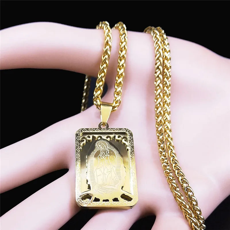 HNSP 316L Stainless Steel Virgin Mary Medal Protect Necklace Pendant For Men Religion Rosary Jewelry Accessories