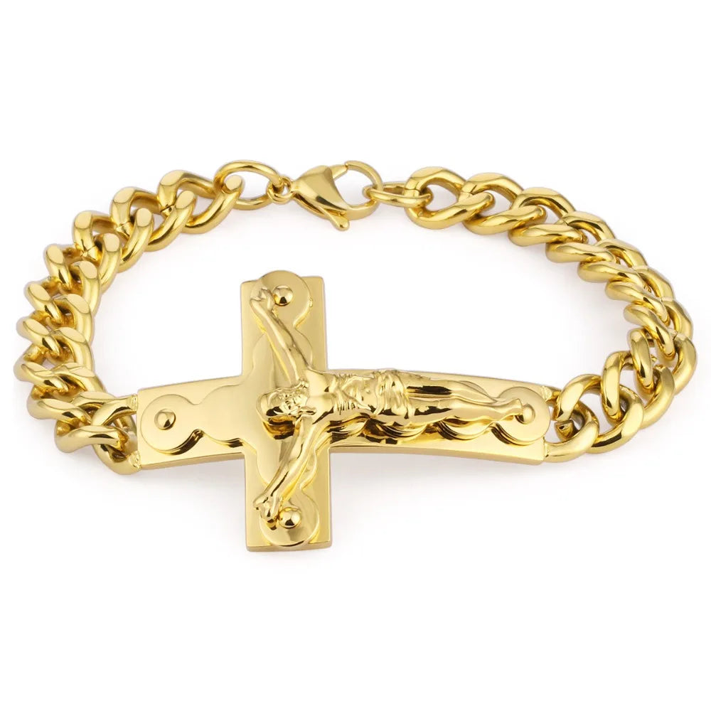 Crucifix Jesus Cross Charm Bracelets Stainless Steel Cuff Bracelets for Men Metal Cuban Hand Chain Religious Male Punk Jewelry