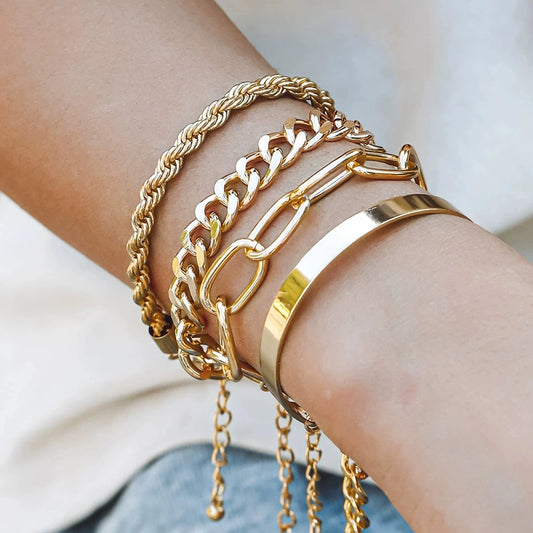 4Pcs/Set Bohemian Jewelry Punk Style Cold Tone Metal Multi-layer Hollow Twisting Snake Chain Women's Simple Bracelet For Women