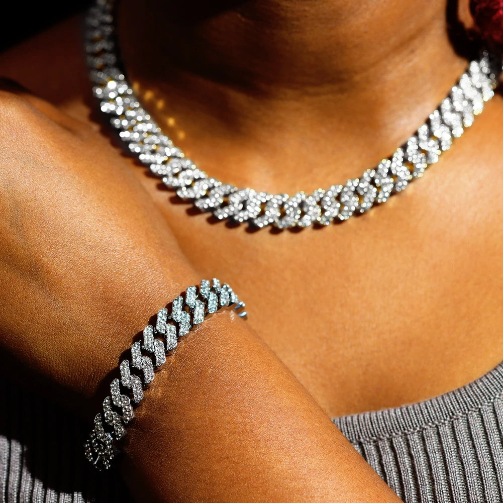Iced Out Prong Cuban Link Chain Bracelets Women Men 2 Row Rhinestone Rhombus Cuban Chain Bracelet Wristband Punk Jewelry