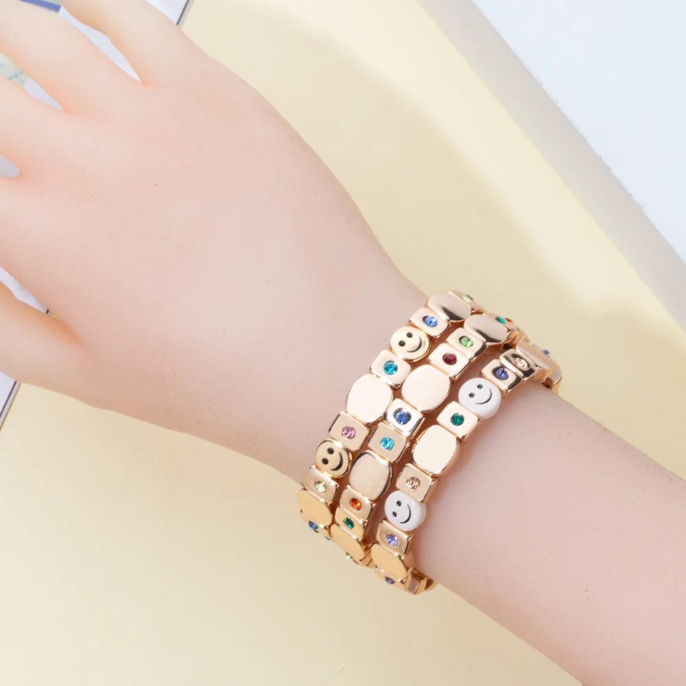Hot Sales Golden Happy Face Alloy Women Bracelet Inlaid Zirconia Beads Enamel Jewelry 2025
