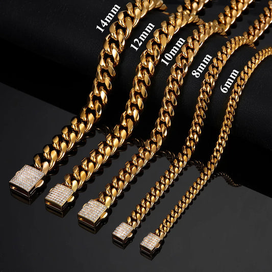 Hip Hop Jewelry 6mm-14mm Any Length 316L Stainless Steel Crystal Buckle Fashion Women Men's Miami Chain Bangle Bracelet