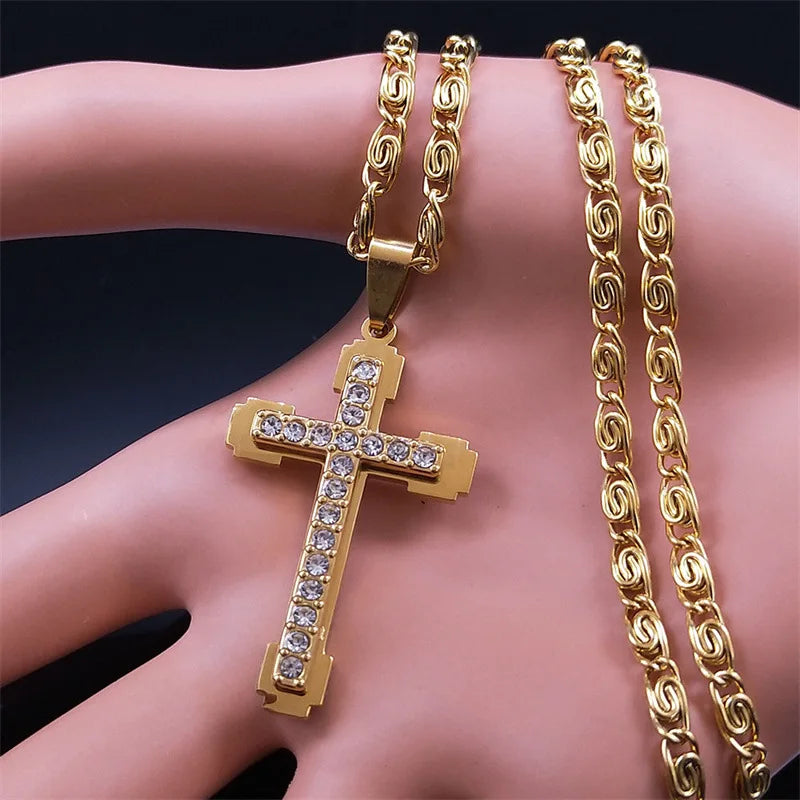 HNSP Stainless Steel Luxury Zircon Cross Necklace Pendant For Men Women Jewelry Accessories